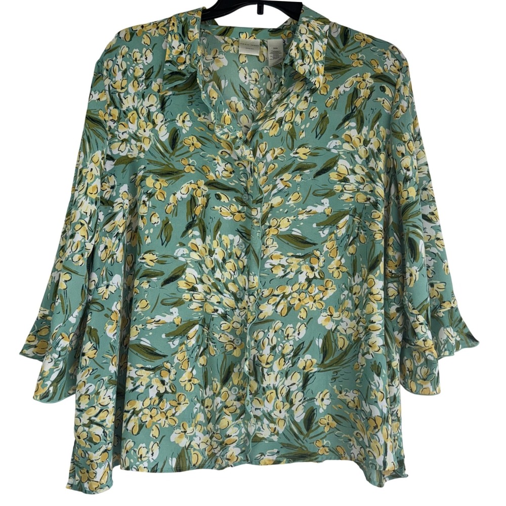 Emma James Woman Floral Print Button Front Blouse Top Teal Yellow Plus Size‎ 24W